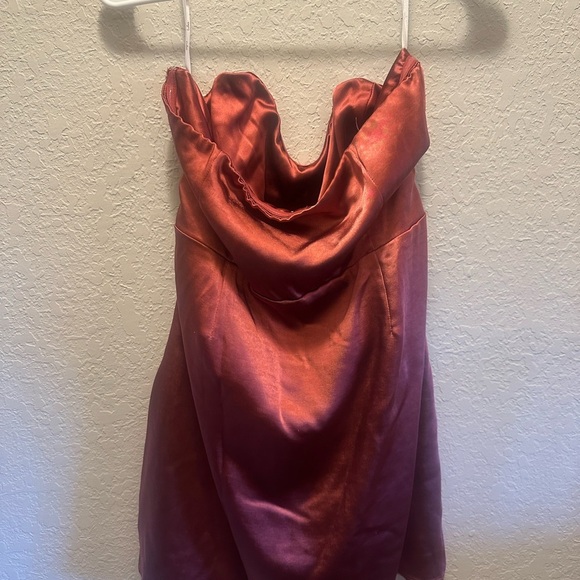 Enticing Aesthetic Rusty Rose Satin Laceup Strapless Mini Dress - Picture 8 of 10